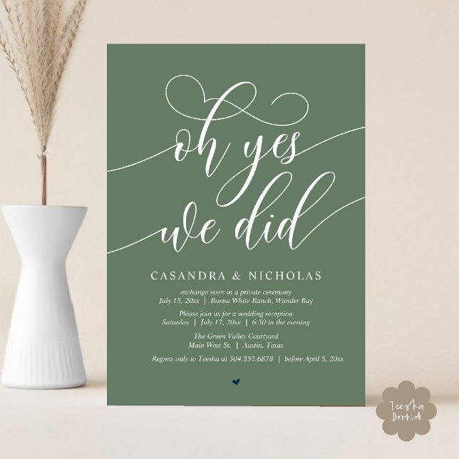 Convite Sim, Fizemos, Recepção de casamento Moderna de Scr (Oh Yes, We Did, Modern Romantic Modern Wedding Reception Invitation Card PDF Sage Green )