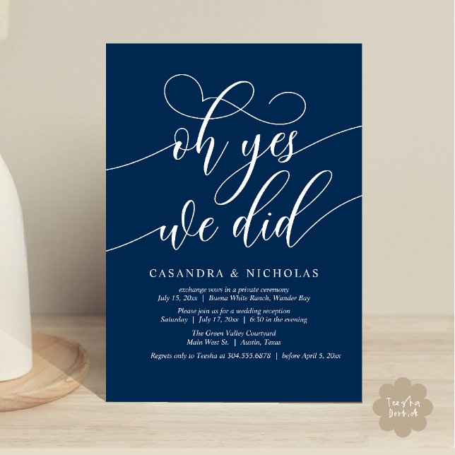 Convite Sim, Fizemos, Recepção de casamento Moderna de Scr (Oh Yes, We Did, Modern Romantic Modern Wedding Reception Invitation Card PDF Classy Navy Blue)