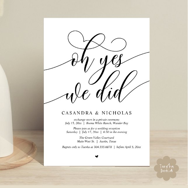 Convite Sim, Fizemos, Recepção de casamento Moderna de Scr (Oh Yes, We Did, Modern Romantic Modern Wedding Reception Invitation Card PDF Classy Black White)