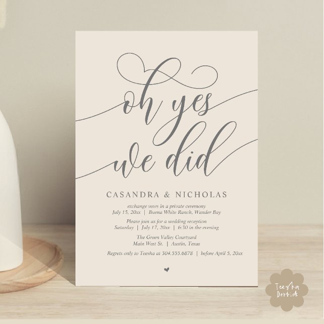 Convite Sim, Janto de Elopetes Modernos (Oh Yes, We Did, Modern Romantic Modern Wedding Reception Invitation Card PDF Classy Cream Grey)