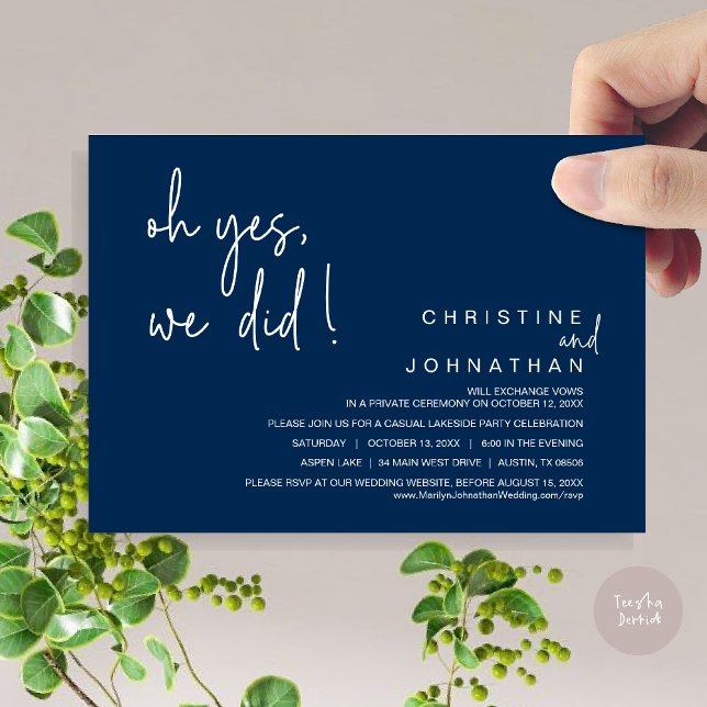 Convite Sim, Nós Fizemos, Elopemento De Casamento, Azul Ma (Oh Yes, We Did, Modern Wedding Elopement Dinner Party Invitation Card, PDF, Navy Blue)