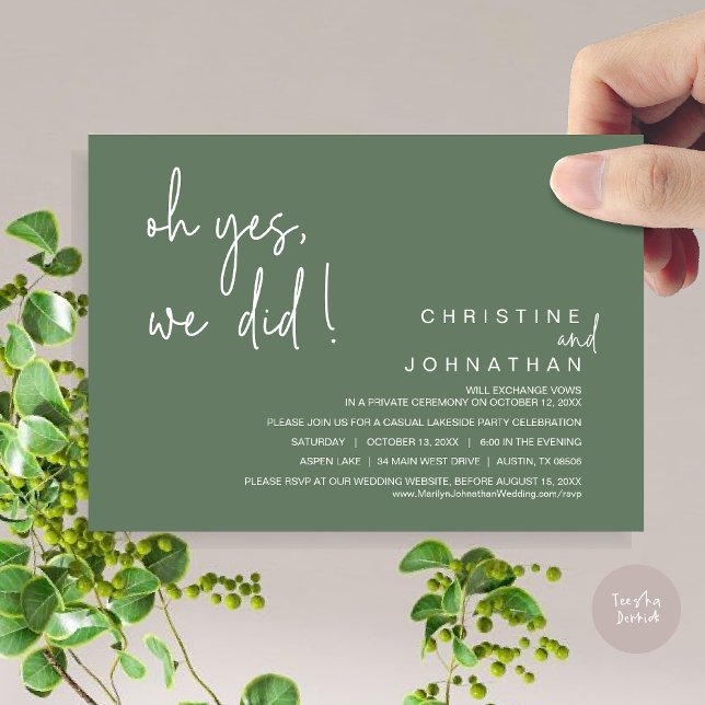 Convite Sim, Nós Fizemos, Elopemento De Casamento, Sage Gr (Oh Yes, We Did, Modern Wedding Elopement Dinner Party Invitation Card, PDF, Sage Green)