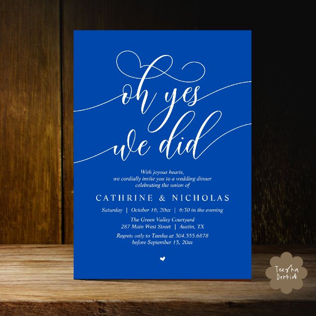 Convite Sim, Nós Fizemos, Jantar de Casamento Intimo Moder (Oh Yes, We Did, Modern Romantic Wedding Elopement Dinner Invitation Card in Cobalt Blue and Ivory)