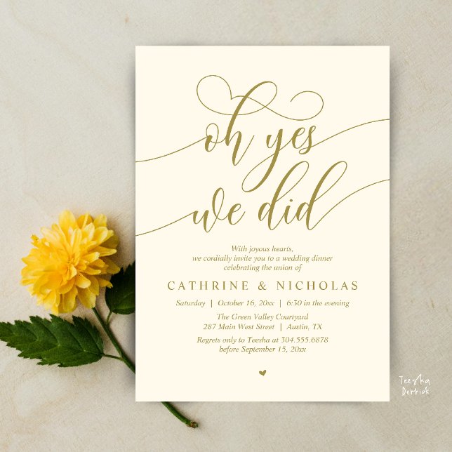 Convite Sim, Nós Fizemos, Jantar de Casamento Intimo Moder (Oh Yes, We Did, Modern Romantic Wedding Elopement Dinner Invitation Card in Yellow Gold Cream)
