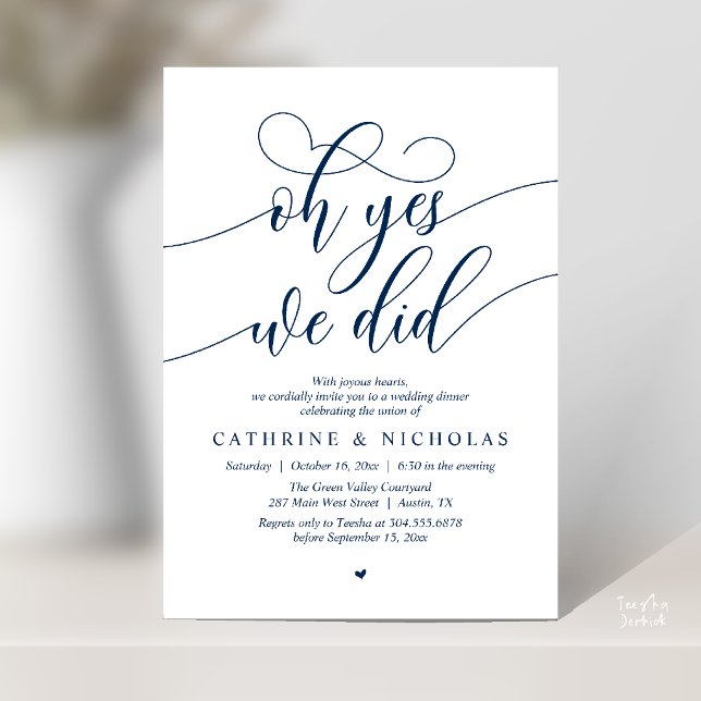 Convite Sim, Nós Fizemos, Jantar de Casamento Intimo Moder (Oh Yes, We Did, Modern Romantic Wedding Elopement Dinner Invitation Card in Navy Blue)