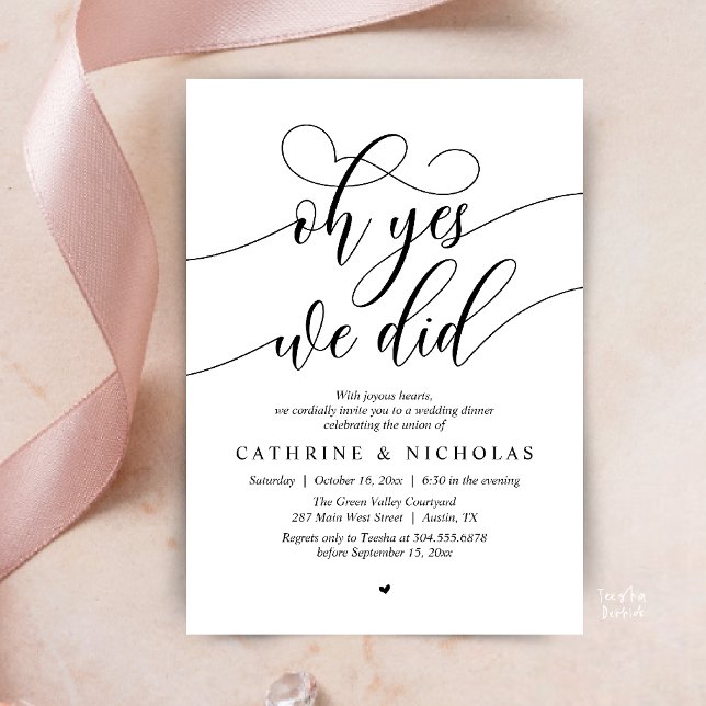 Convite Sim, Nós Fizemos, Jantar de Casamento Intimo Moder (Oh Yes, We Did, Modern Romantic Wedding Elopement Dinner Invitation Card in Black and White)