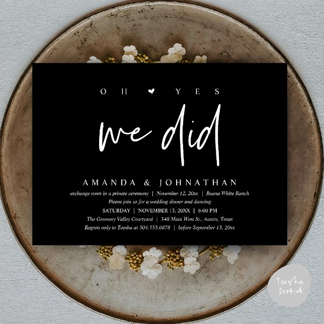 Convite Sim, Nós Fizemos, Jantar de Casamento Intimo Moder (Oh Yes, We Did, Modern Wedding Elopement Dinner Modern Clean Invitation Card PDF in Classy Black)