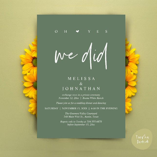 Convite Sim, Nós Fizemos, Jantar de Casamento Intimo Moder (Oh Yes, We Did, Modern Wedding Elopement Dinner Modern Clean Invitation Card PDF in Sage Green)