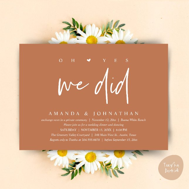 Convite Sim, Nós Fizemos, Jantar de Casamento Intimo Moder (Oh Yes, We Did, Modern Wedding Elopement Dinner Modern Clean Invitation Card PDF in Copper Brown)