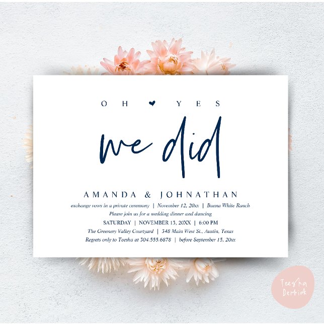 Convite Sim, Nós Fizemos, Jantar de Casamento Intimo Moder (Oh Yes, We Did, Modern Wedding Elopement Dinner Modern Clean Invitation Card PDF in Navy Blue)