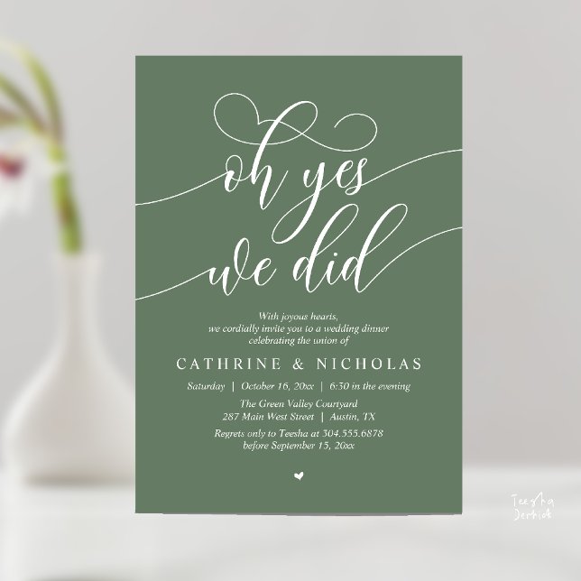 Convite Sim, Nós Fizemos, Jantar de Casamento Moderno com  (Oh Yes, We Did, Modern Romantic Wedding Elopement Dinner Invitation Card in Forest Sage Green)