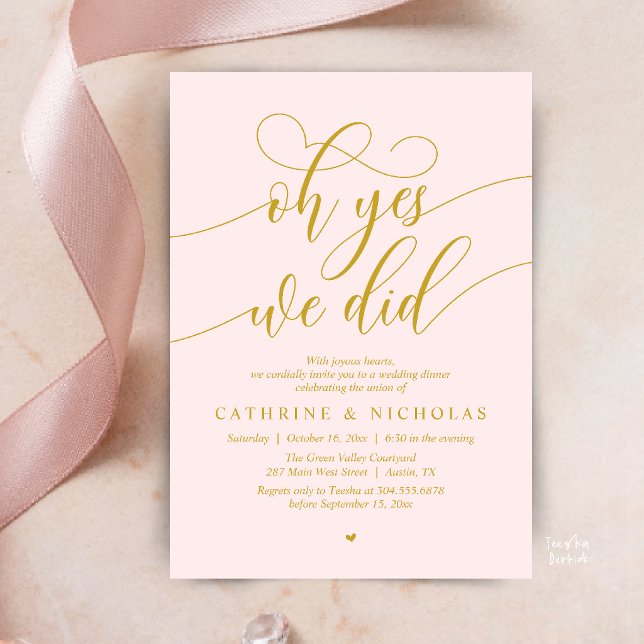 Convite Sim, Nós Fizemos, Jantar de Casamento Moderno com  (Oh Yes, We Did, Modern Romantic Wedding Elopement Dinner Invitation Card in Gold Blush)