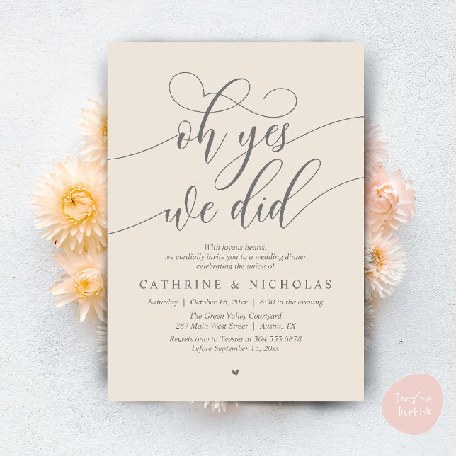 Convite Sim, Nós Fizemos, Jantar de Casamento Moderno com  (Oh Yes, We Did, Modern Romantic Wedding Elopement Dinner Invitation Card in Cream Grey)