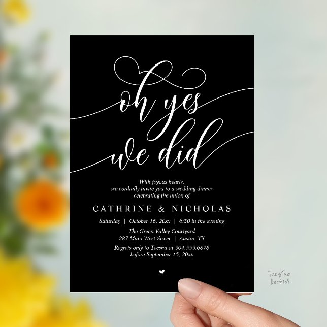 Convite Sim, Nós Fizemos, Jantar de Casamento Moderno com  (Oh Yes, We Did, Modern Romantic Wedding Elopement Dinner Invitation Card in Black and White)