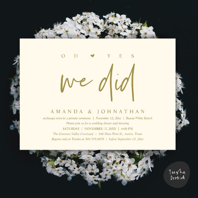 Convite Sim, Nós Fizemos, Jantar de Casamento Moderno com  (Oh Yes, We Did, Modern Wedding Elopement Dinner Modern Clean Invitation Card PDF in Yellow Gold)