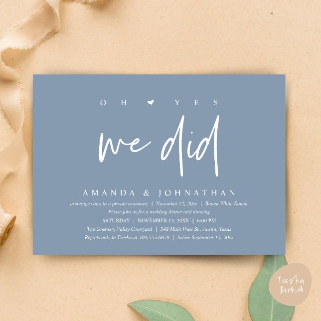 Convite Sim, Nós Fizemos, Jantar de Casamento Moderno com  (Oh Yes, We Did, Modern Wedding Elopement Dinner Modern Clean Invitation Card PDF in Dusty Blue)