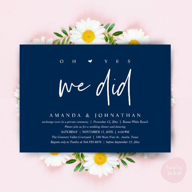 Convite Sim, Nós Fizemos, Jantar de Casamento Moderno com  (Oh Yes, We Did, Modern Wedding Elopement Dinner Modern Clean Invitation Card PDF in Navy Blue)