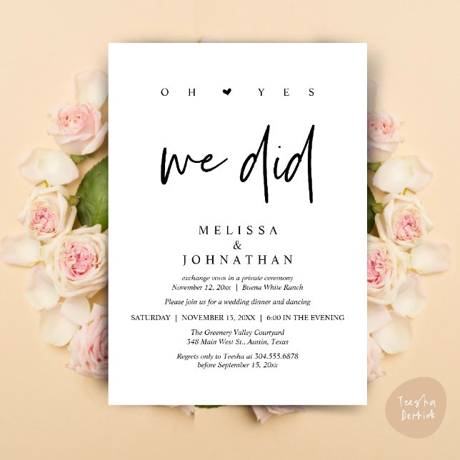 Convite Sim, Nós Fizemos, Jantar de Casamento Moderno com  (Oh Yes, We Did, Modern Wedding Elopement Dinner Modern Clean Invitation Card PDF in Black White)