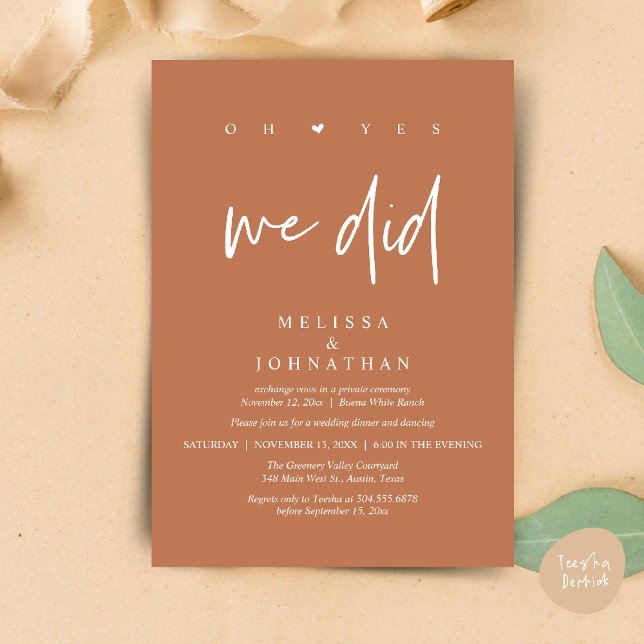 Convite Sim, Nós Fizemos, Jantar de Casamento Moderno com  (Oh Yes, We Did, Modern Wedding Elopement Dinner Modern Clean Invitation Card PDF in Copper Brown)