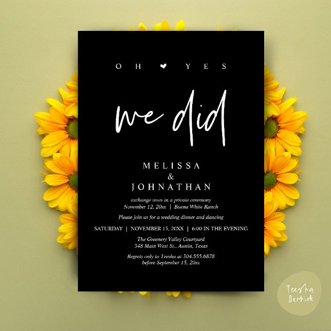 Convite Sim, Nós Fizemos, Jantar de Casamento Moderno com  (Oh Yes, We Did, Modern Wedding Elopement Dinner Modern Clean Invitation Card PDF in Classy Black)