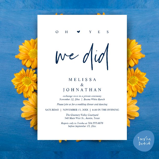 Convite Sim, Nós Fizemos, Jantar de Casamento Moderno com  (Oh Yes, We Did, Modern Wedding Elopement Dinner Modern Clean Invitation Card PDF in Navy Blue)