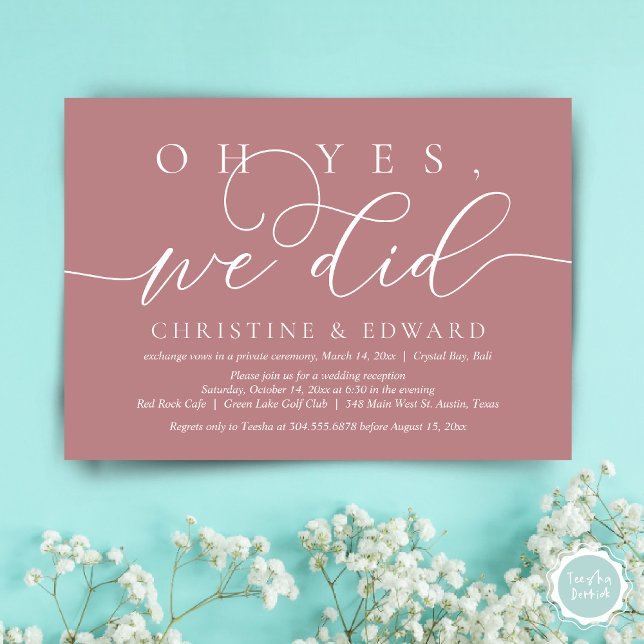 Convite Sim, Nós Fizemos, Jantar Romântico de Casamento Fu (Oh Yes, We Did, Wedding Elopement Dinner Invitation Card, PDF, Modern Romantic, in Dusty Rose Pink)