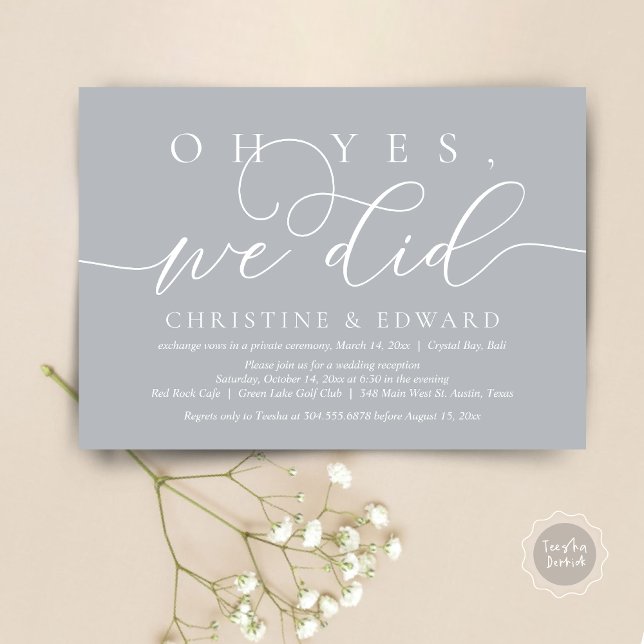Convite Sim, Nós Fizemos, Jantar Romântico de Casamento Fu (Oh Yes, We Did, Wedding Elopement Dinner Invitation Card, PDF, Modern Romantic, in Chill Grey)