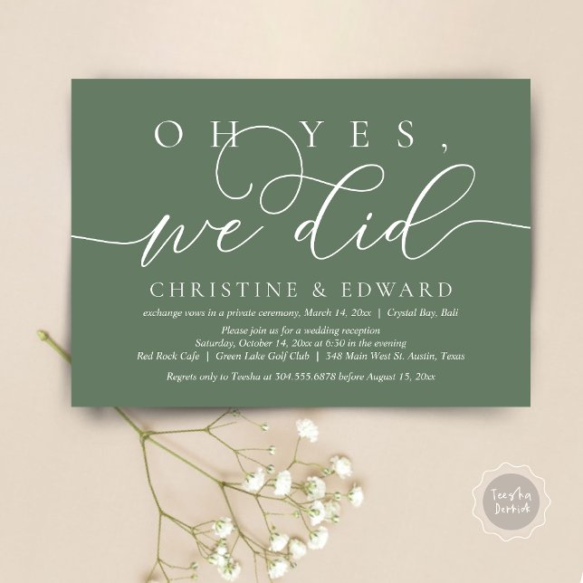 Convite Sim, Nós Fizemos, Jantar Romântico de Fuga de Casa (Oh Yes, We Did, Wedding Elopement Dinner Invitation Card, PDF, Modern Romantic, in Forest Sage Green)