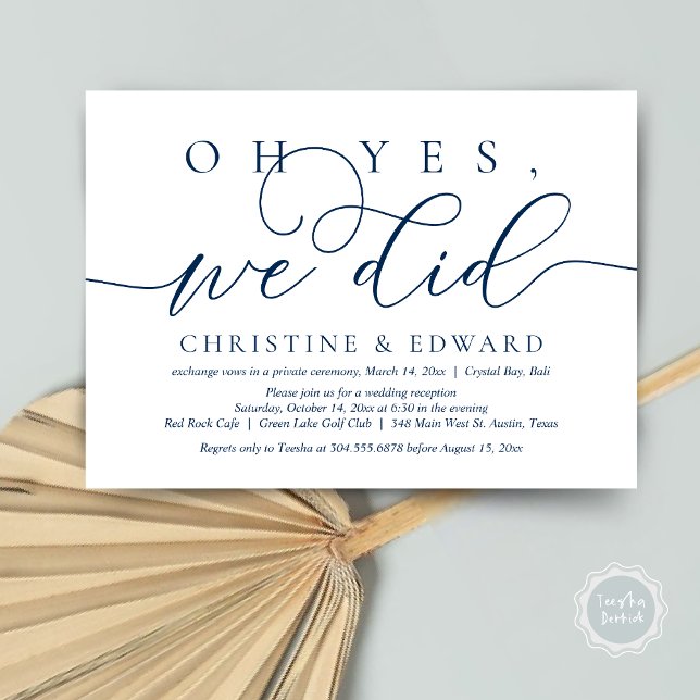 Convite Sim, Nós Fizemos, Janto Romântico De Casamento (Oh Yes, We Did, Wedding Elopement Dinner Invitation Card, PDF, Modern Romantic, in navy Blue)