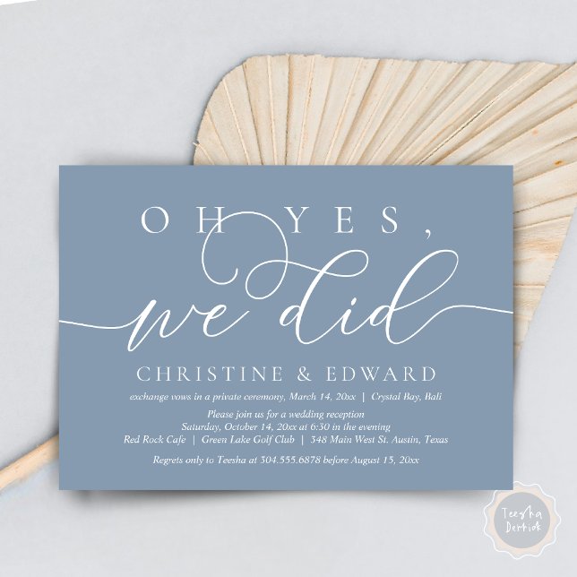 Convite Sim, Nós Fizemos, Janto Romântico De Casamento (Oh Yes, We Did, Wedding Elopement Dinner Invitation Card, PDF, Modern Romantic, in Dusty Blue)