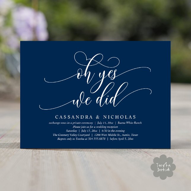 Convite Sim, Nós Fizemos, Recepção de casamento Romântica  (Oh Yes, We Did, Modern Romantic Modern Wedding Reception Invitation Card PDF Classy Navy Blue)