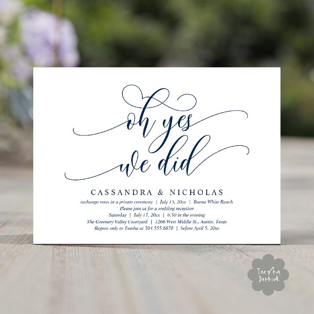 Convite Sim, Nós Fizemos, Recepção de casamento Romântica  (Oh Yes, We Did, Modern Romantic Modern Wedding Reception Invitation Card PDF Classy Navy Blue)
