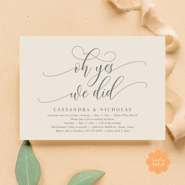Convite Sim, Nós Fizemos, Recepção de casamento Romântica  (Oh Yes, We Did, Modern Romantic Modern Wedding Reception Invitation Card PDF Classy Cream Grey)