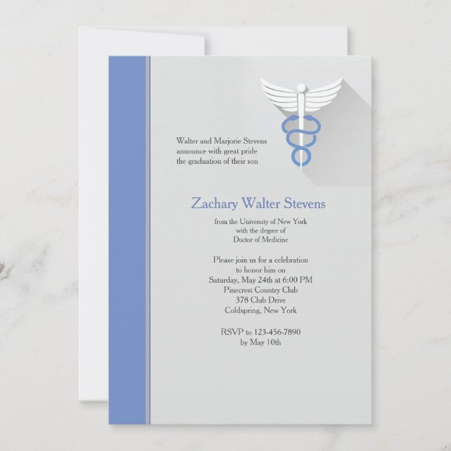 Convite Símbolo Caduceus Blue Trim Graduation Invitation (Frente)