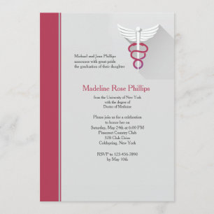 Convite Símbolo Caduceus Red Trim Graduation Invitation