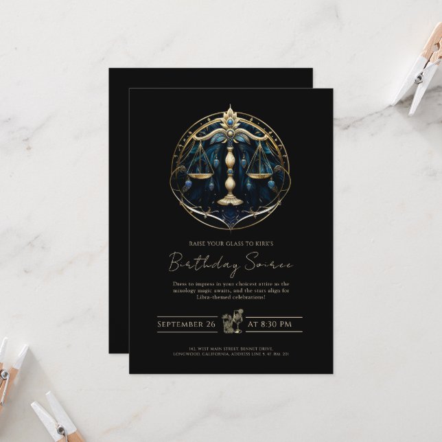 Convite Símbolo de Balanço Celestial Libra Preto Dourado (Frente/Verso In Situ)