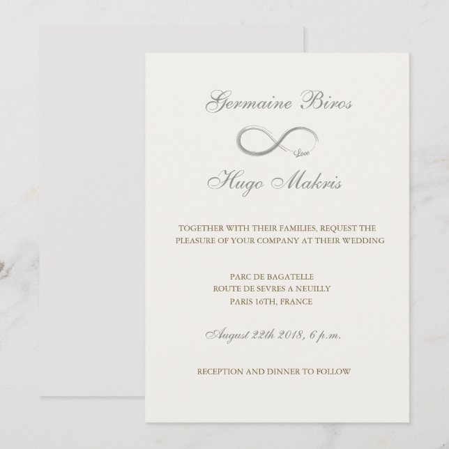 Convite Símbolo infinito de marfim cinza de ouro casamento (Frente/Verso)