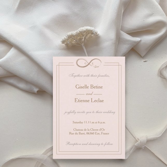 Convite Símbolo Infinito Monograma Blush Cinza Rosa Casame (Criador carregado)