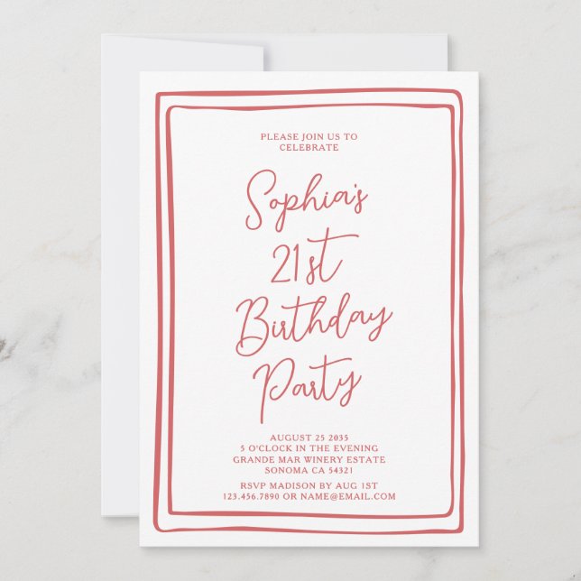 Convite Simple 21st Birthday Hand drawn Script Red Photo (Frente)
