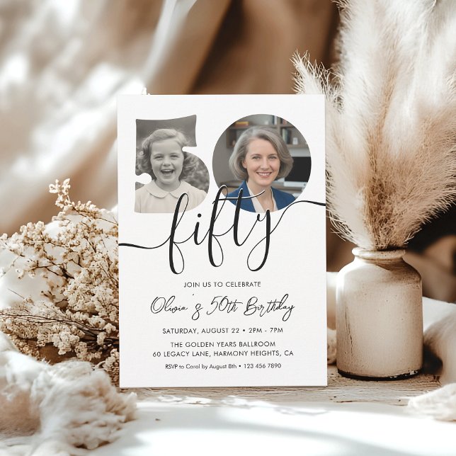 Convite Simple Adult 50th Birthday Black and White (Criador carregado)