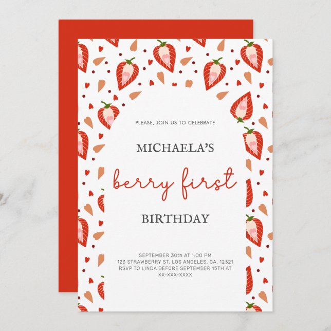 Convite Simple Arch Girl Berry Primeiro Aniversário (Frente/Verso)