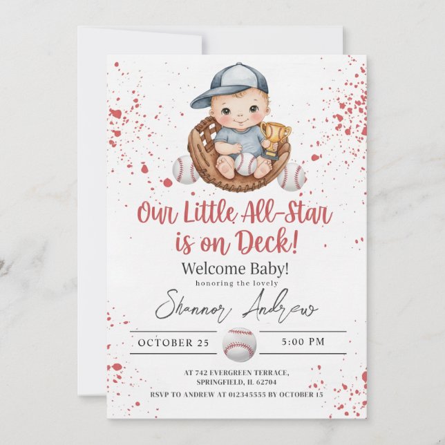 Convite Simple Baseball Baby Shower A Little Slugger (Frente)