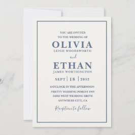 Convite Simple Beige Dusty Blue Minimalist Border Wedding 