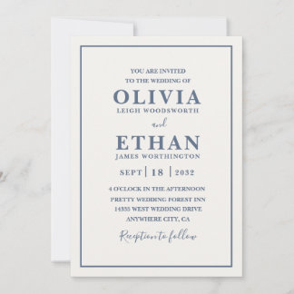 Convite Simple Beige Dusty Blue Minimalist Border Wedding 