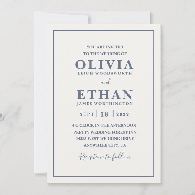 Convite Simple Beige Dusty Blue Minimalist Border Wedding  (Frente)