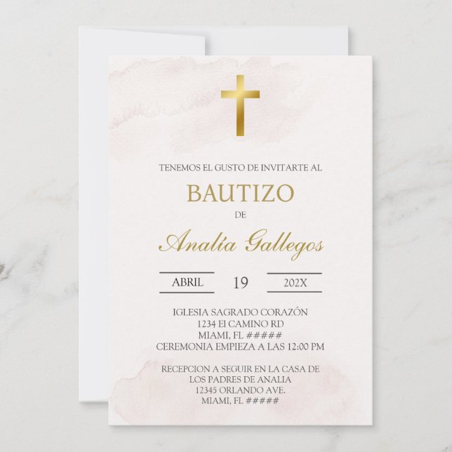 Convite Simple beige Spanish baptism (Frente)