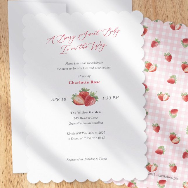 Convite Simple Berry Sweet Strawberry Themed Baby Shower (Simple Berry Sweet Baby Girl Shower Invitation-Spring Baby Shower invites.)