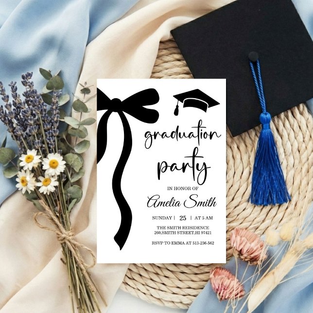 Convite Simple  Black Bow graduation party invitation (Criador carregado)