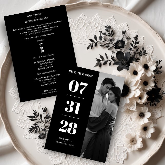 Convite Simple Black & White Enchanting & Delicate Minimal (Simple Black & White Enchanting and Delicate Minimalist Photo Wedding Save the Dates Cards. )