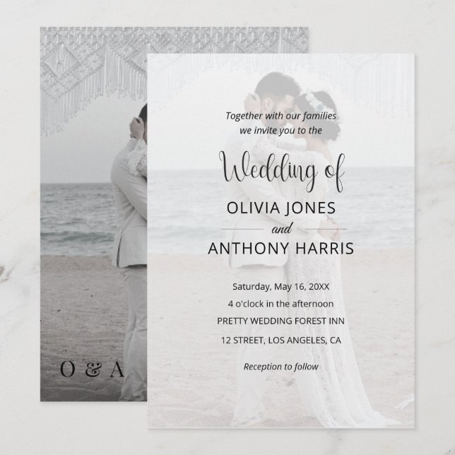 Convite Simple Black & White Overlay Photo Wedding (Frente/Verso)